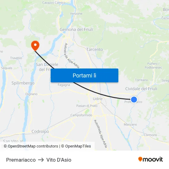 Premariacco to Vito D'Asio map