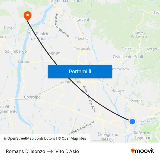 Romans D' Isonzo to Vito D'Asio map