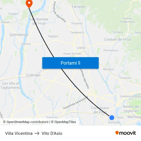 Villa Vicentina to Vito D'Asio map