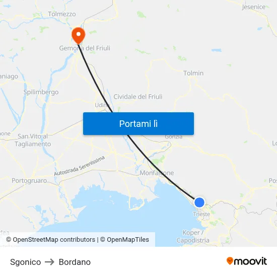 Sgonico to Bordano map