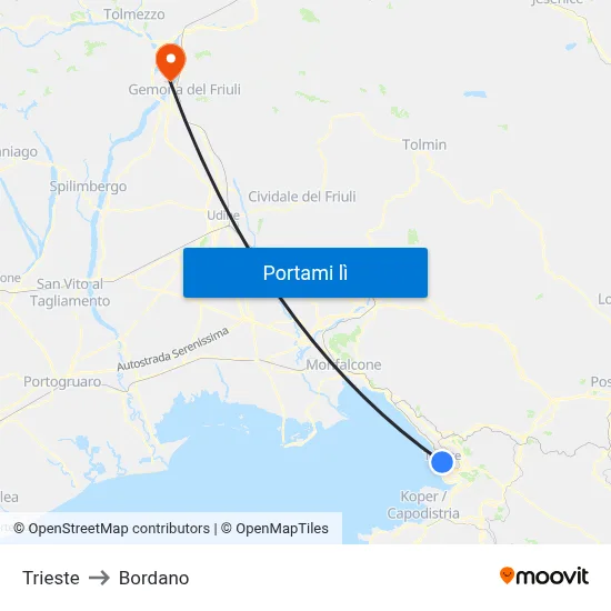 Trieste to Bordano map
