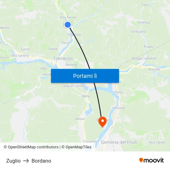 Zuglio to Bordano map