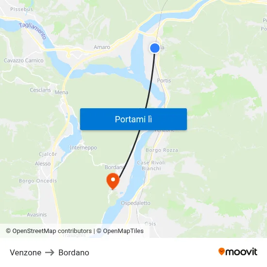Venzone to Bordano map