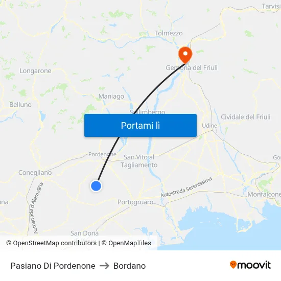 Pasiano Di Pordenone to Bordano map
