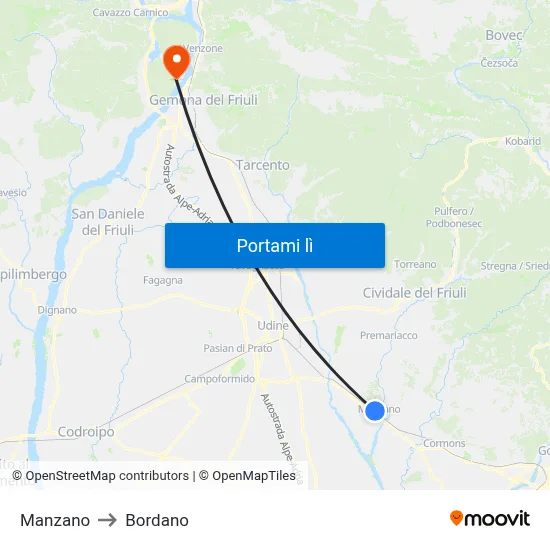 Manzano to Bordano map
