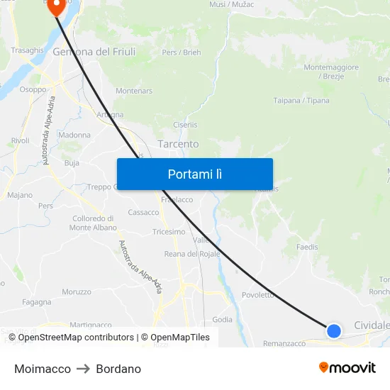 Moimacco to Bordano map