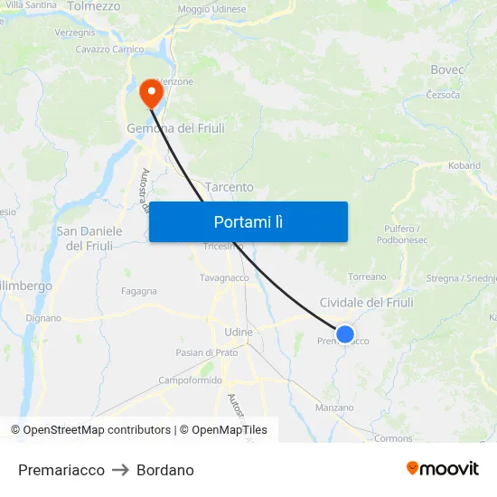 Premariacco to Bordano map