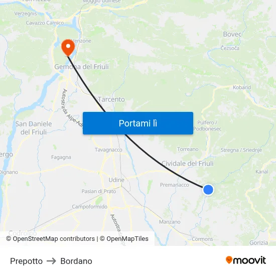 Prepotto to Bordano map