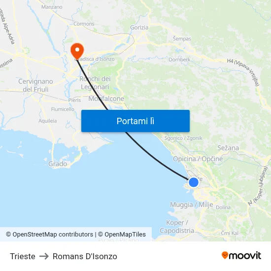 Trieste to Romans D'Isonzo map