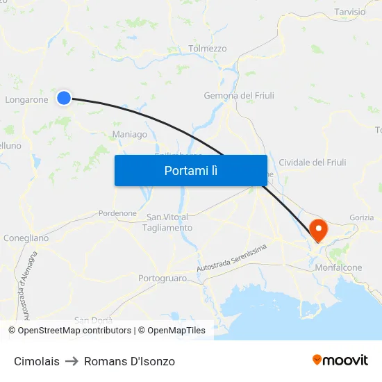 Cimolais to Romans D'Isonzo map