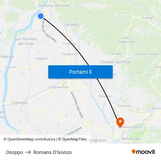 Osoppo to Romans D'Isonzo map