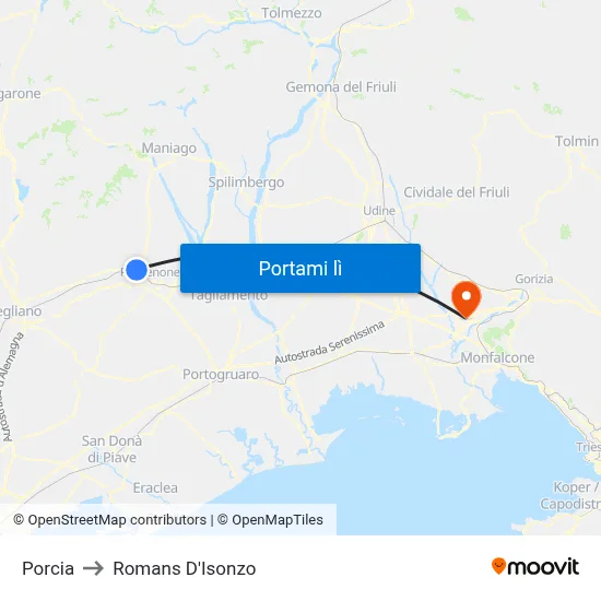 Porcia to Romans D'Isonzo map
