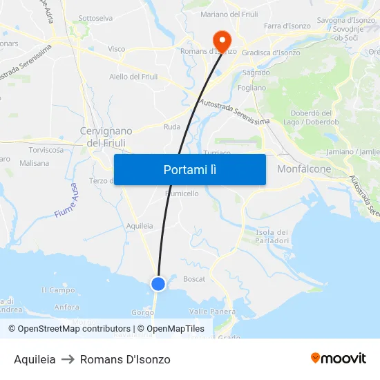 Aquileia to Romans D'Isonzo map