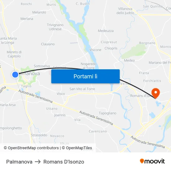 Palmanova to Romans D'Isonzo map