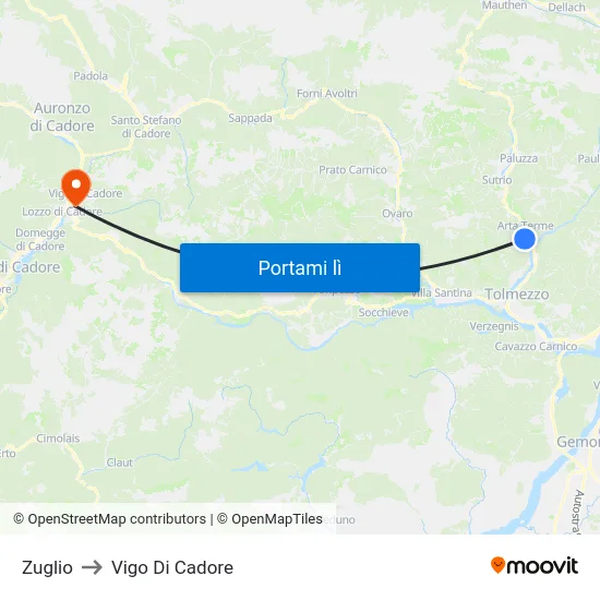 Zuglio to Vigo Di Cadore map