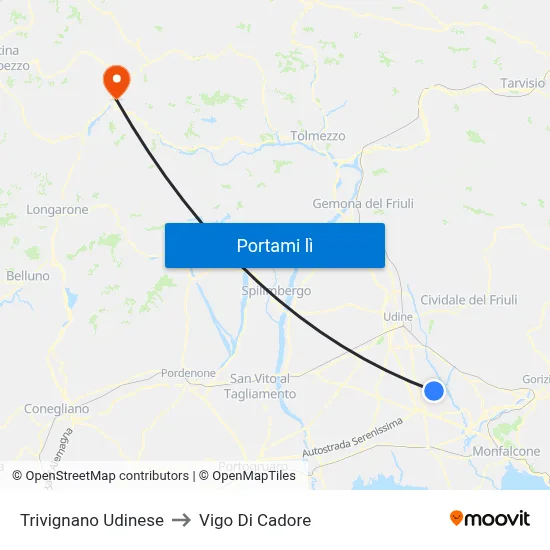 Trivignano Udinese to Vigo Di Cadore map