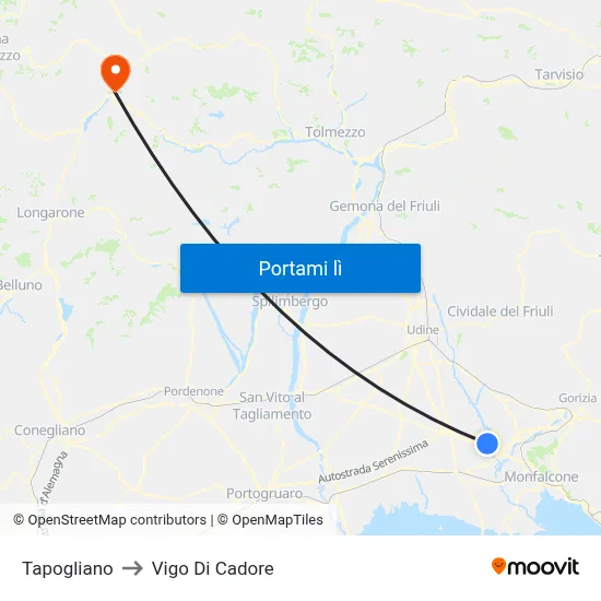 Tapogliano to Vigo Di Cadore map