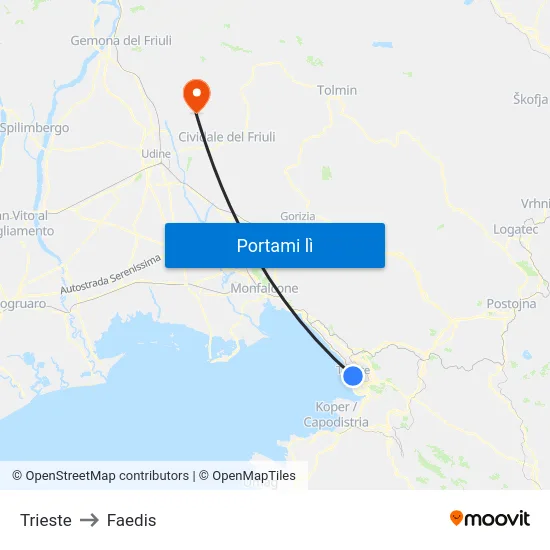 Trieste to Faedis map