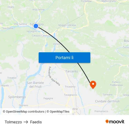 Tolmezzo to Faedis map