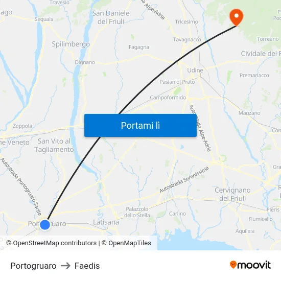 Portogruaro to Faedis map