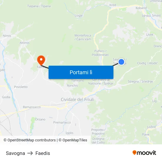 Savogna to Faedis map