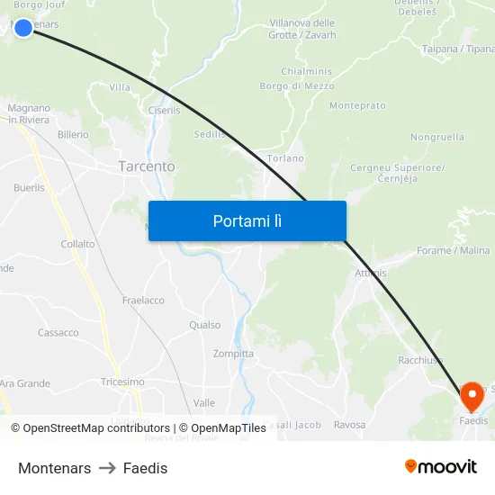 Montenars to Faedis map