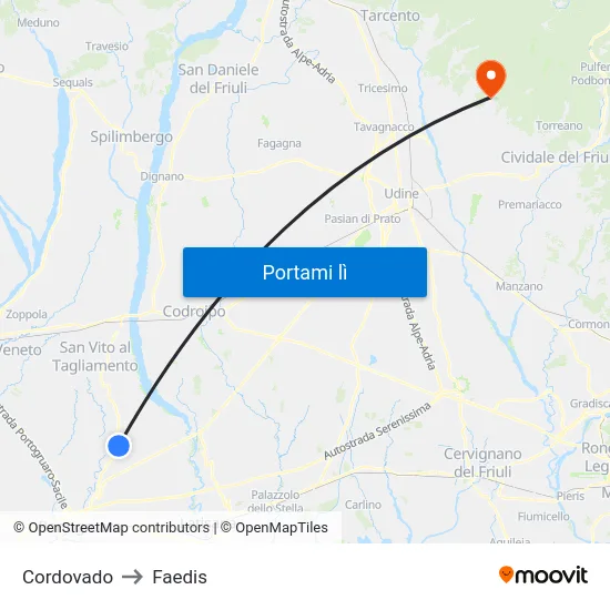 Cordovado to Faedis map