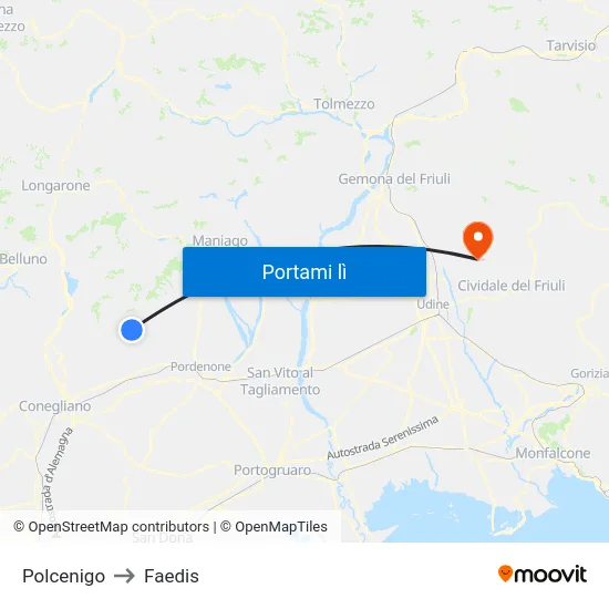 Polcenigo to Faedis map