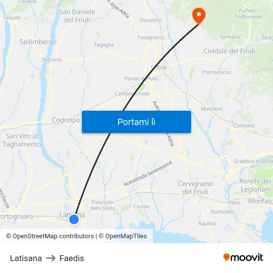 Latisana to Faedis map