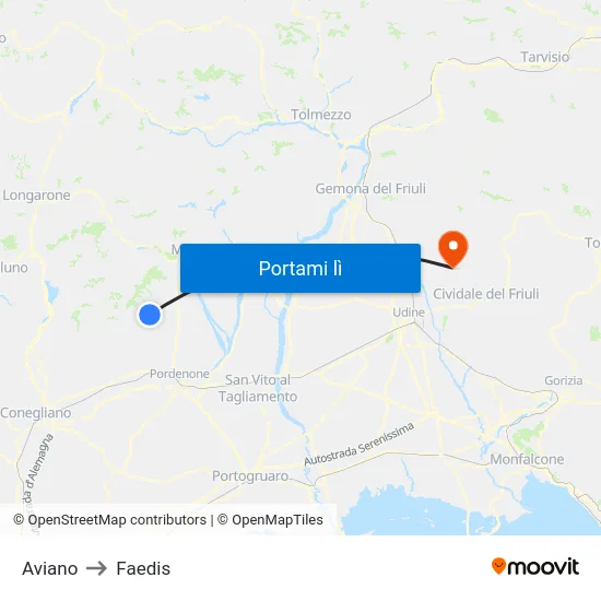 Aviano to Faedis map
