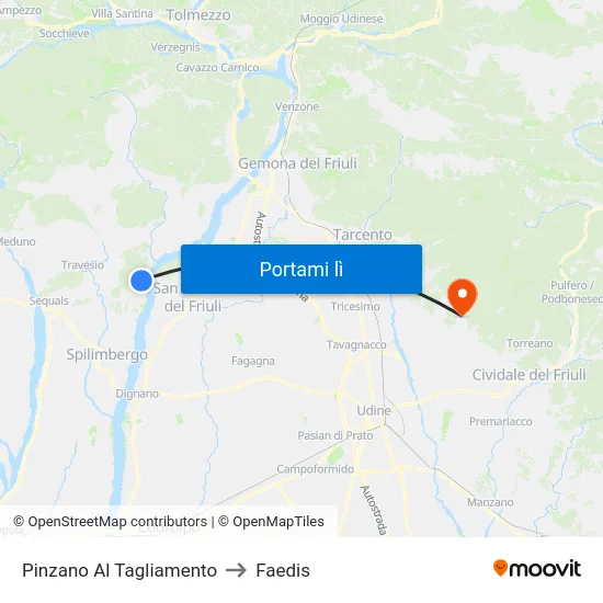 Pinzano Al Tagliamento to Faedis map