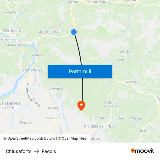 Chiusaforte to Faedis map