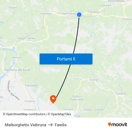 Malborghetto Valbruna to Faedis map