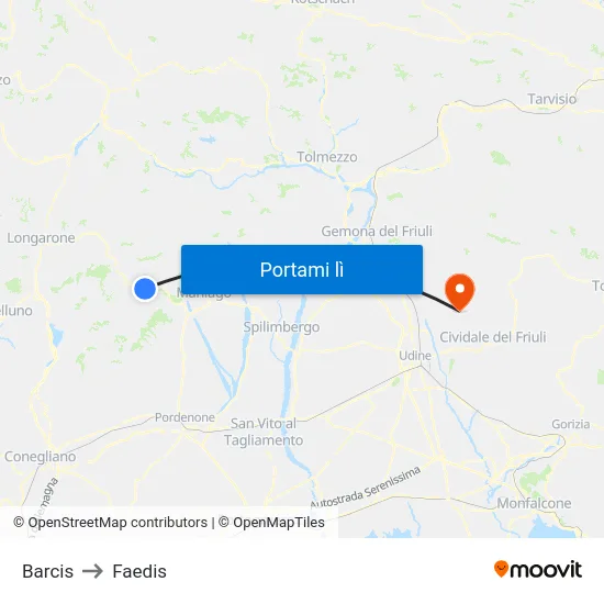 Barcis to Faedis map