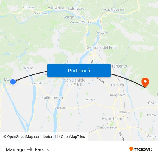 Maniago to Faedis map