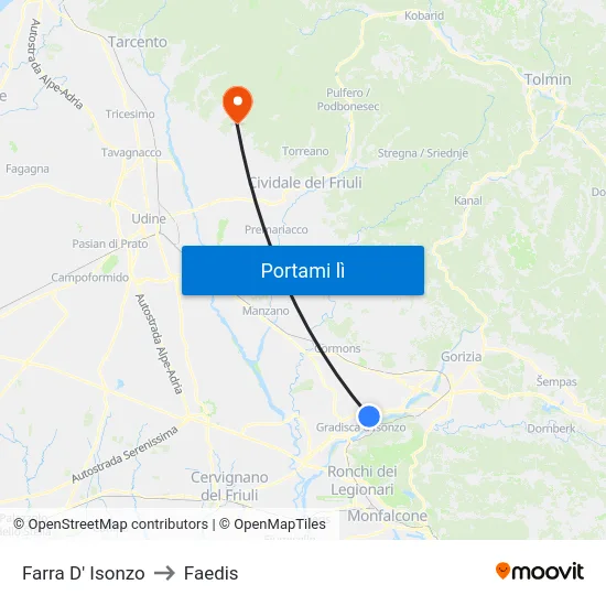 Farra D' Isonzo to Faedis map