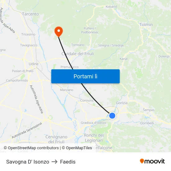Savogna D' Isonzo to Faedis map