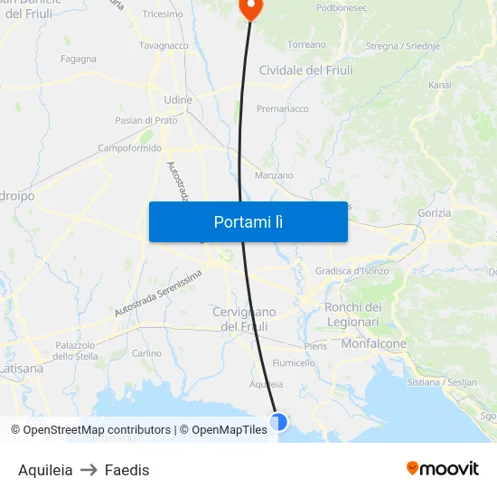 Aquileia to Faedis map