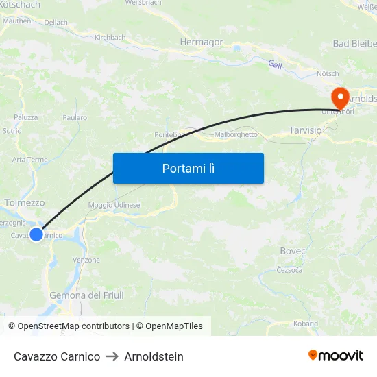 Cavazzo Carnico to Arnoldstein map
