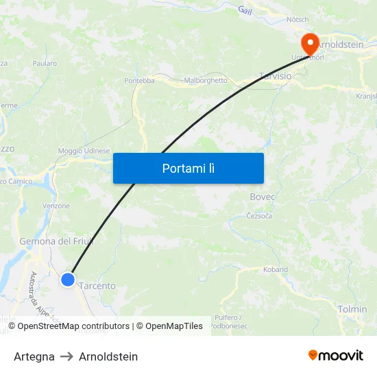 Artegna to Arnoldstein map
