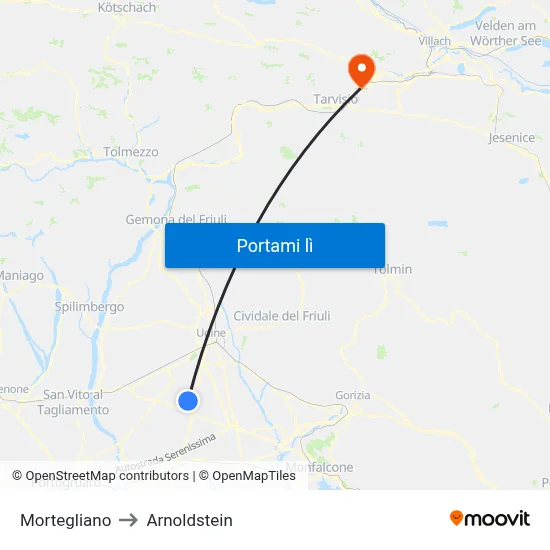 Mortegliano to Arnoldstein map