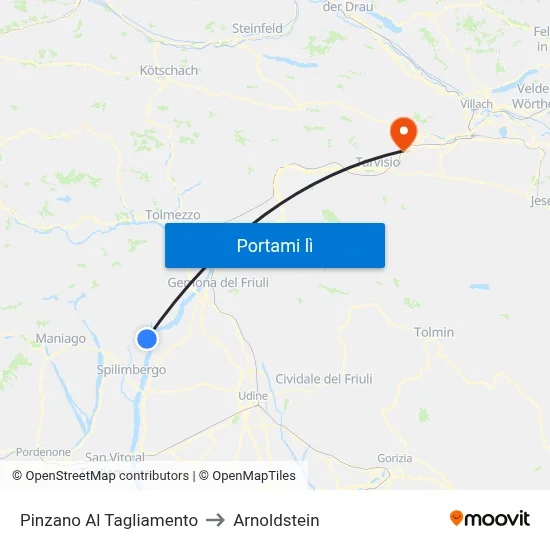 Pinzano Al Tagliamento to Arnoldstein map