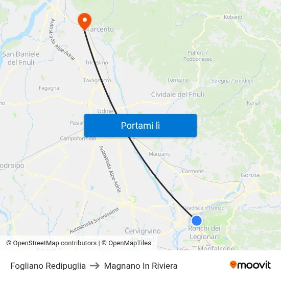 Fogliano Redipuglia to Magnano In Riviera map
