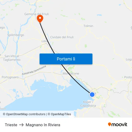 Trieste to Magnano In Riviera map
