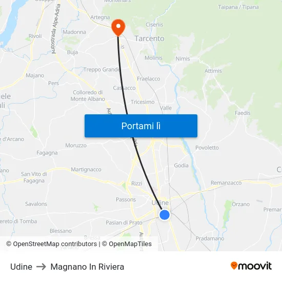 Udine to Magnano In Riviera map