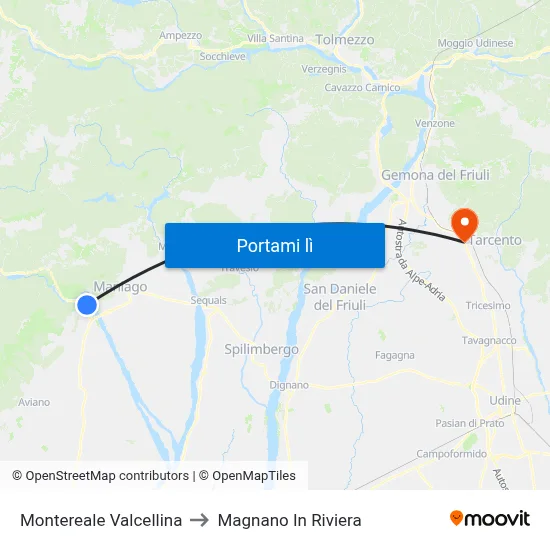 Montereale Valcellina to Magnano In Riviera map