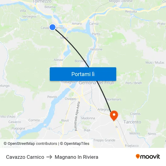 Cavazzo Carnico to Magnano In Riviera map