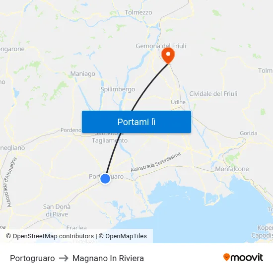 Portogruaro to Magnano In Riviera map