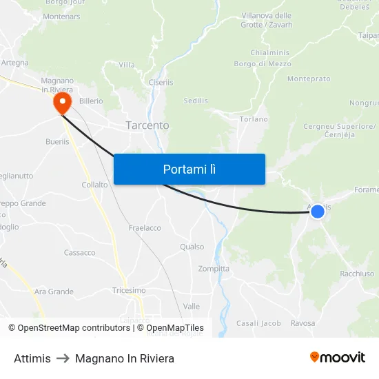 Attimis to Magnano In Riviera map