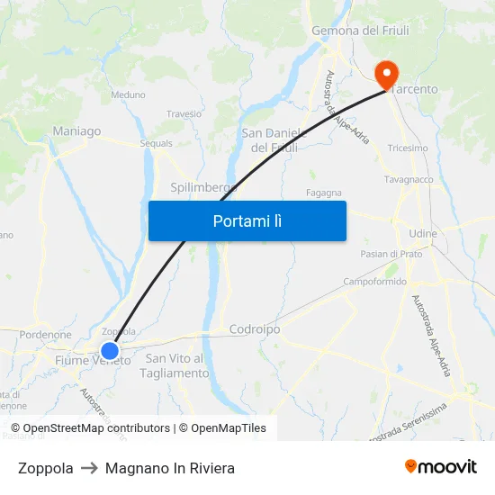 Zoppola to Magnano In Riviera map